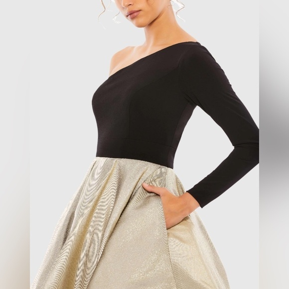 IEENA FOR MAC DUGGAL 48929 NWOT Black & Gold One Shoulder A-Line Dress - Picture 3 of 7